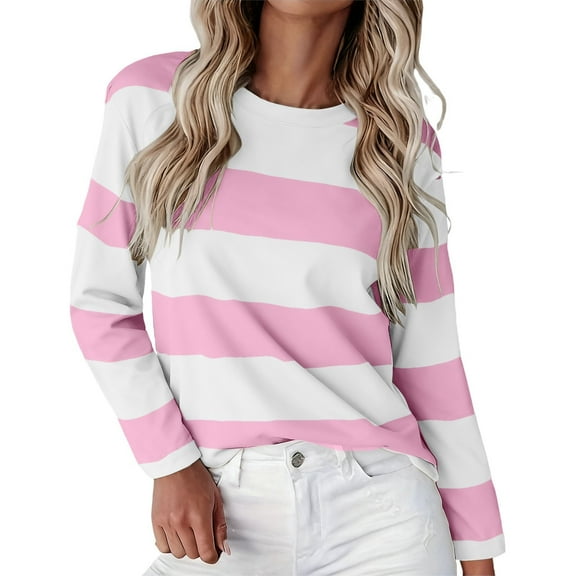 Womens Tops, Audhol Womens Long Sleeve Shirts T Shirts Crew Neck Shirts Basic Tee Comfy Striped Printed Tops Blouse Striped Shirt Women Pink, L