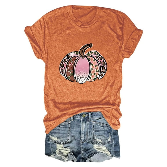 Womens Tops Autumn Loose Pumpkin Printed Short Sleeve Round Neck Womens Tee,Orange,L