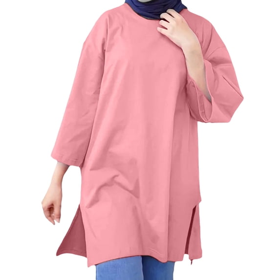 Womens Tops Autumn New Muslim Stand Up Collar Button Solid Color Long Sleeved Shirt Blouses For Women