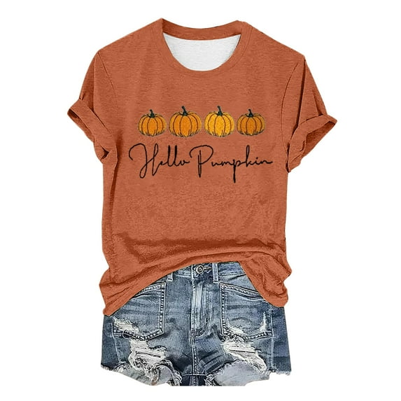 Womens Tops Autumn Pumpkin Embroidery Print T-Shirt Cute Graphic Short Sleeve Crew Neck Tee Soft Breathable Blend Fabric Xl Sweaters For Women