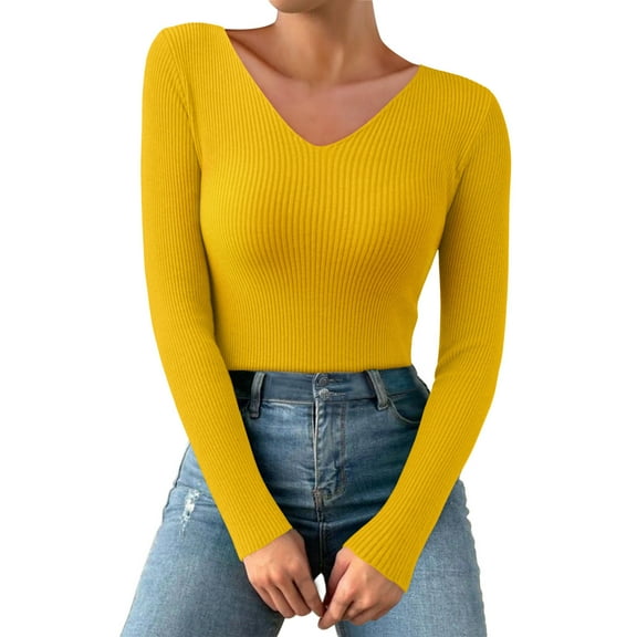 Womens Tops Autumn Winter V Neck Casual Knitted Long Sleeved Pullover Thermal Top Thermal Underwear Top Polyester 1Pc Top One Size Womens Fall Tops