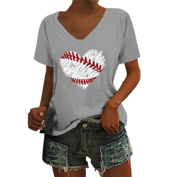 Womens Tops Baseball Print V-Neck Short Sleeve Top Trendy