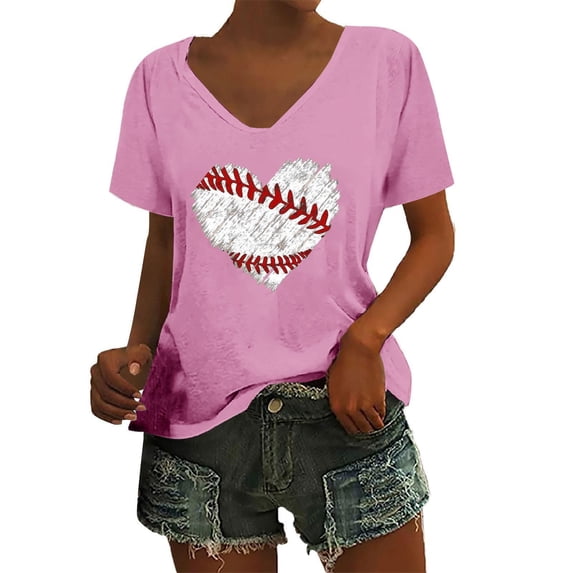 Womens Tops Baseball Print V-Neck Short Sleeve Top Trendy