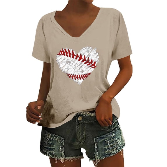 Womens Tops Baseball Print V-Neck Short Sleeve Top Trendy