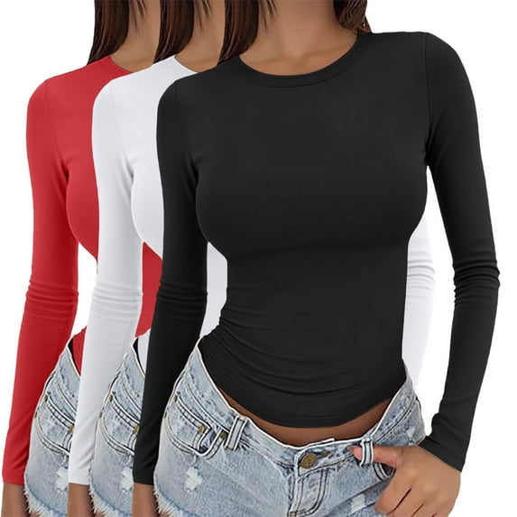 Womens Tops Basic Long Sleeve Crop Top Slim Baby Tee Round Neck Layering Slim Blouse Aesthetic Streetwear Polyester Spandex Soft L Sweaters For Women