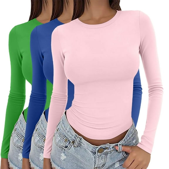Womens Tops Basic Long Sleeve Crop Top Slim Baby Tee Round Neck Layering Slim Blouse Aesthetic Streetwear Polyester Spandex Soft M Sweaters For Women