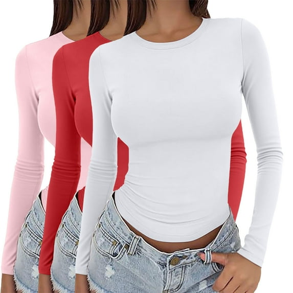 Womens Tops Basic Long Sleeve Crop Top Slim Baby Tee Round Neck Layering Slim Blouse Aesthetic Streetwear Polyester Spandex Soft Xl Sweaters For Women