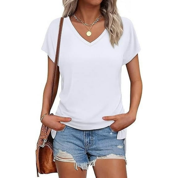 Womens Tops Basic Summer V Neck T Shirts Short Sleeve Dressy Casual Loose Fit Solid Color Tee Clothes Trendy Fashion Outfits