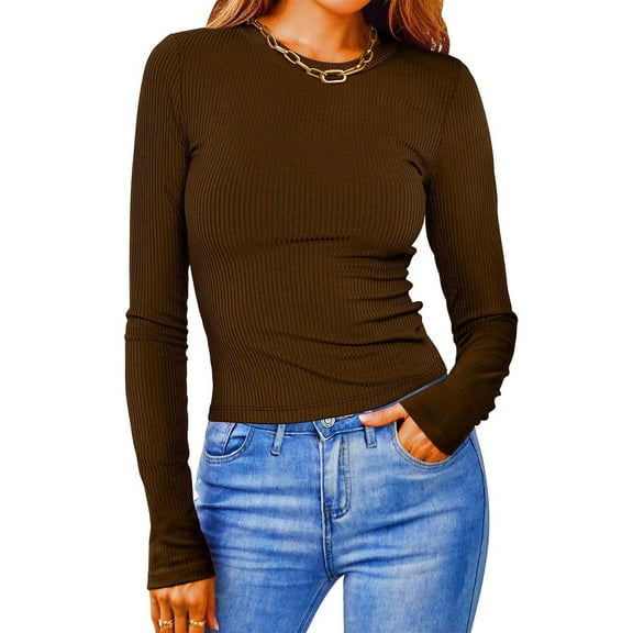 Womens Tops Basic Tops for Woman Casual Solid Color Shirts Long Sleeve T Shirts Trendy Crewneck Tees Blouses Basic Outfits Shirts for Women