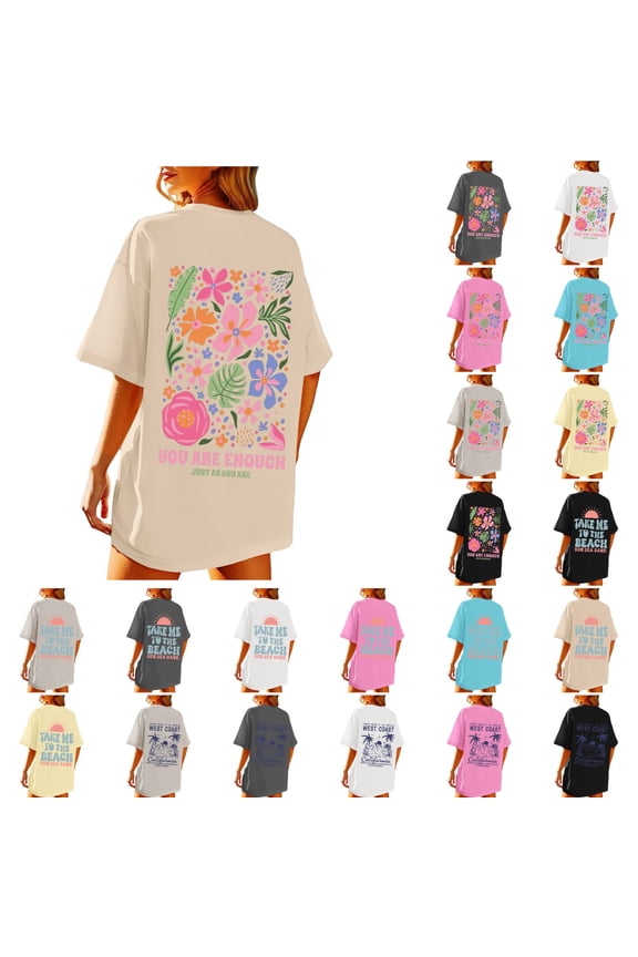 Womens Tops Beach Oversized Graphic Print Tees For Vintage Baggy Aesthetic Beige Womens T Shirts L