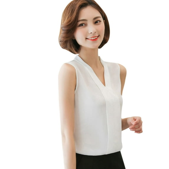 Womens Tops Blouse Brief Office Work Wear V Neck Sleeveless Chiffon Tops Shirt