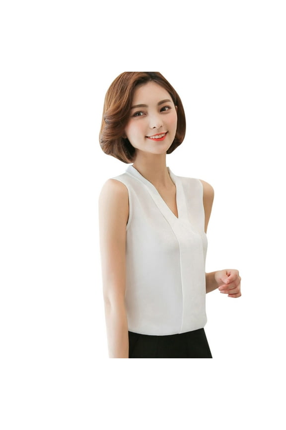 Womens Tops Blouse Brief Office Work Wear V Neck Sleeveless Chiffon Tops Shirt