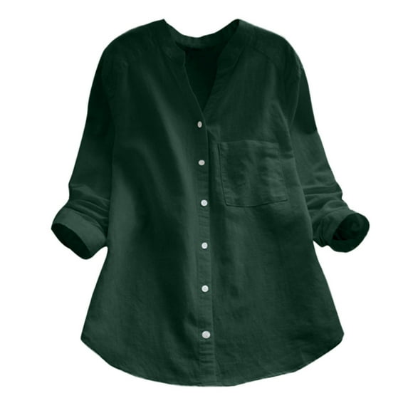 Womens Tops Blouse Cotton linen Solid Long Sleeve Shirt Button Down Tops Casual Shirts