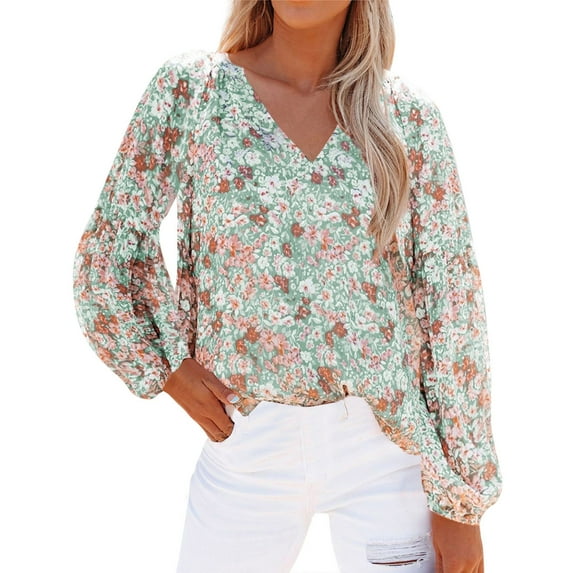 Womens Tops Blouse Petal Long Sleeve Shirt Floral Shirt Casual Shirt For V Neck Tee Shirts Tops Shirts for Women Green L