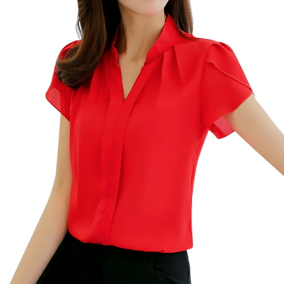 Womens Tops Blouse Summer Work Office V Neck Short Sleeve Solid Chiffon Plus Shirt Top Shirt
