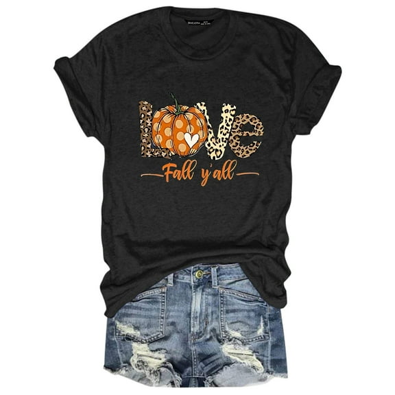 Womens Tops Blouses Autumn Funny Printed Short Sleeve Round Neck Ladies Clothing,Black,L