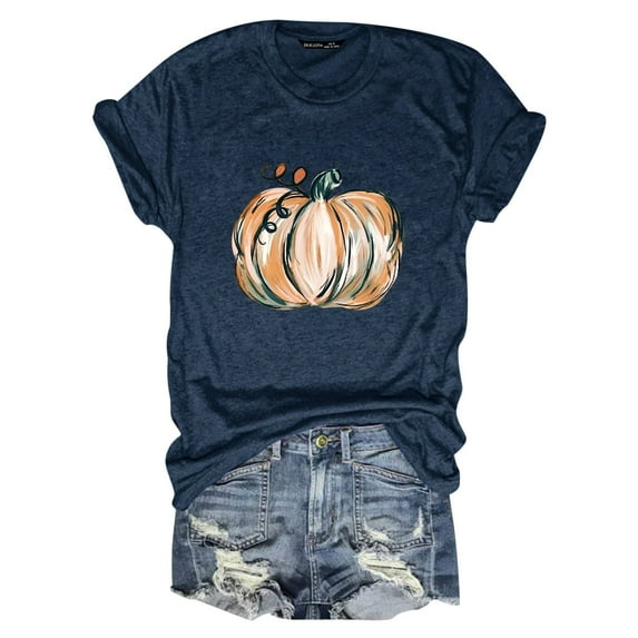 Womens Tops Blouses Autumn Loose Pumpkin Printed Short Sleeve Round Neck Womens Athletic Tops,Navy,3XL