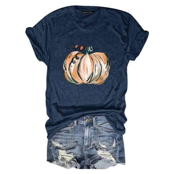 Womens Tops Blouses Autumn Loose Pumpkin Printed Short Sleeve Round Neck Womens Shirts Tank,Navy,2XL