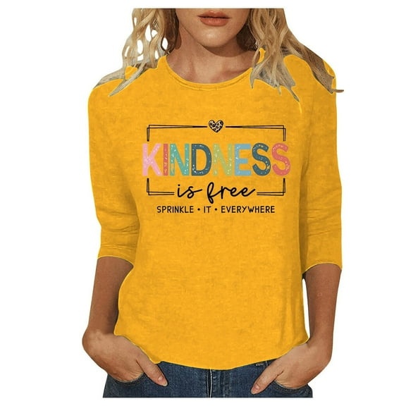 Womens Tops Blouses Fashion Round Neck Letter Print 3/4 Sleeve Womens Athletic Tops