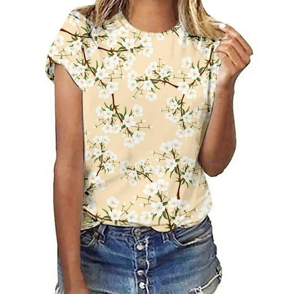 Womens Tops Blouses Floral Print Round Neck Short Sleeve Solid Color Ladies Clothing,Beige,M