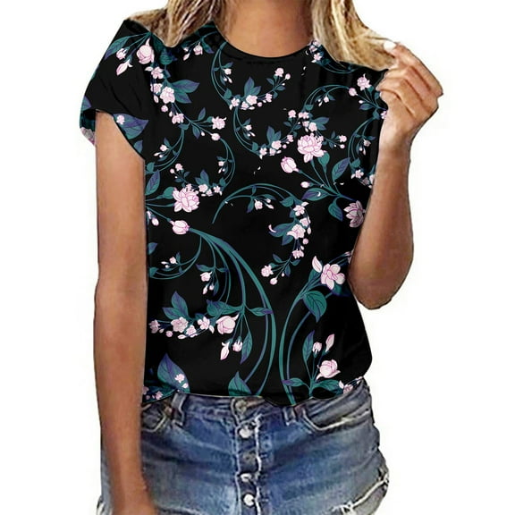 Womens Tops Blouses Floral Print Round Neck Short Sleeve Womens Golf Shirt,Black,L