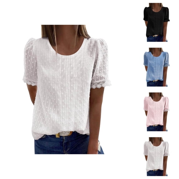 Womens Tops and Blouses – Flowy Peasant Blouse for Women Lightweight Summer Shirt for Office or Travel Women's Round Neck Short Sleeve Lace Shirts Blouses Vintage Elegant Tunic Tops