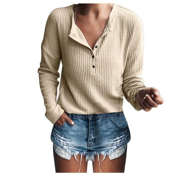 Womens Tops Blouses Knit Tunic Loose Long Sleeve Button Up V Neck Shirts for Women Trendy Khaki 2XL