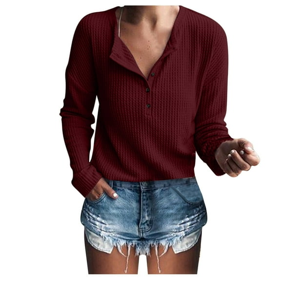 Womens Tops Blouses Knit Tunic Loose Long Sleeve Button Up V Neck Shirts for Women Trendy