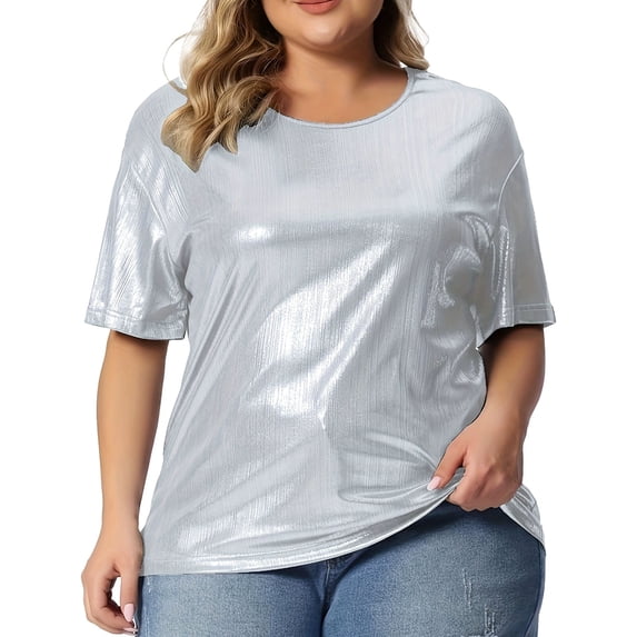 Womens Tops Blouses Loose Large Size Round Neck Solid Color Bright Short Sleeve Womens Athletic Tops,Silver,4XL
