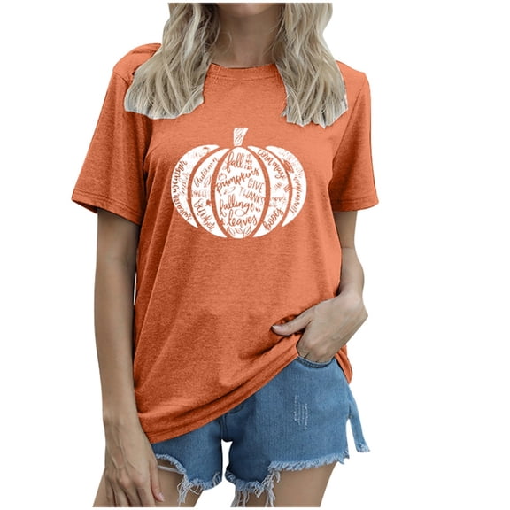 Womens Tops Blouses Loose Printed Short Sleeve Round Neck Ladies Clothing,Orange,S