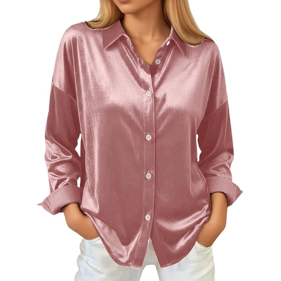 Womens Tops Blouses Satin Solid Color Button Down Long Sleeve Ladies Clothing,Pink,XL