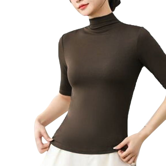 Womens Tops Blouses Semi Turtleneck Thermal Slim Fit Short Sleeve Stretch Ladies Clothing,Coffee,XL