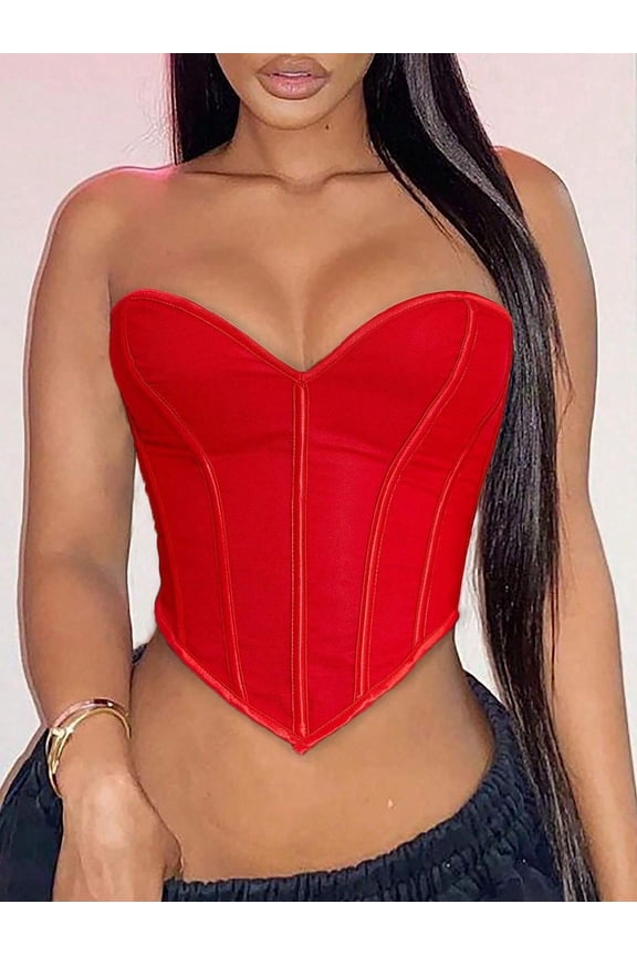 Womens Tops & Blouses Sleeveless Strapless Crop Red Seam Decor Lace-Up Back Party & Festival Ready