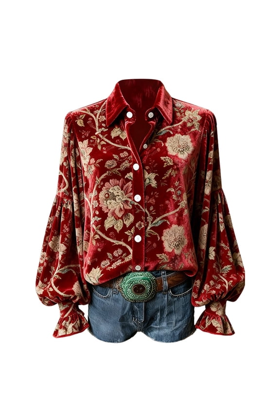 Womens Tops Blouses Stylish Printed Pattern Long Sleeve Fashion Turn Down Collar Womens Work Shirt,Red,2XL