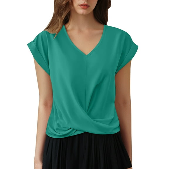 Womens Tops Blouses V Neck Loose Short Sleeve Ruched Tees Shirts for Women Trendy Mint Green 2XL