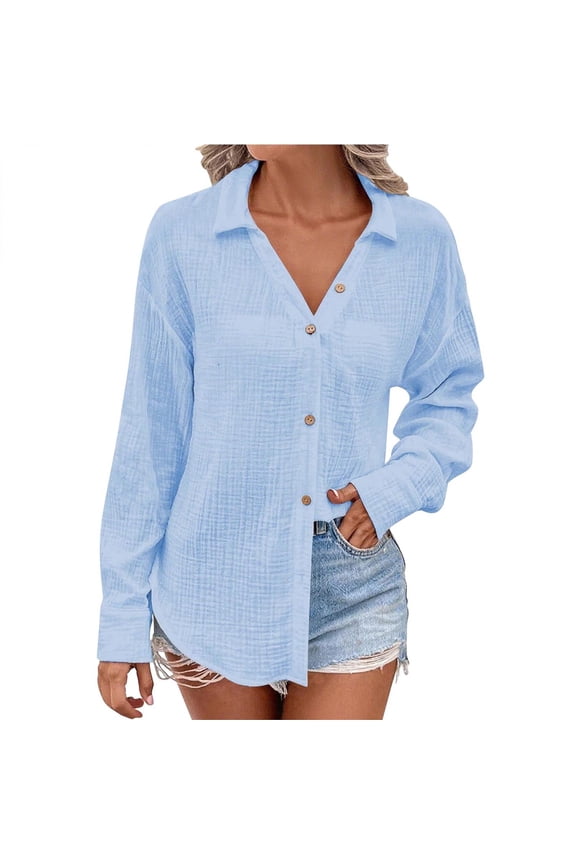 Womens Tops, Blouses for Women Button Down Dress Shirts Fall Cozy Long Sleeve Textured Collared Fall Work Camping Clothes Blue XL