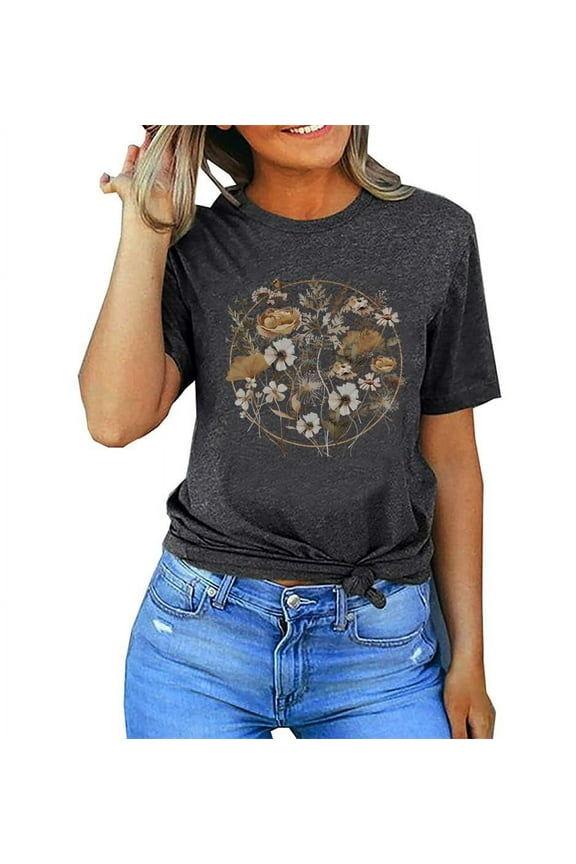 Womens Tops Boho Nature Print Graphic Tees Garden Botanical Flowers Lover Blouse Dark Gray Womens T Shirts L