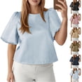 thumbnail image 1 of Womens Tops Boho Round Neck Satin Puff Sleeve Pullover Top T Shirt Fashion Clothes, 1 of 4