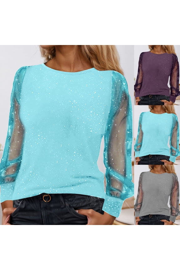 Womens Tops Boho Sequins Glitter Shirt Carnival Mesh Top Long Sleeve Elegant Eye Catching Blouse Shirt Fashion Clothes