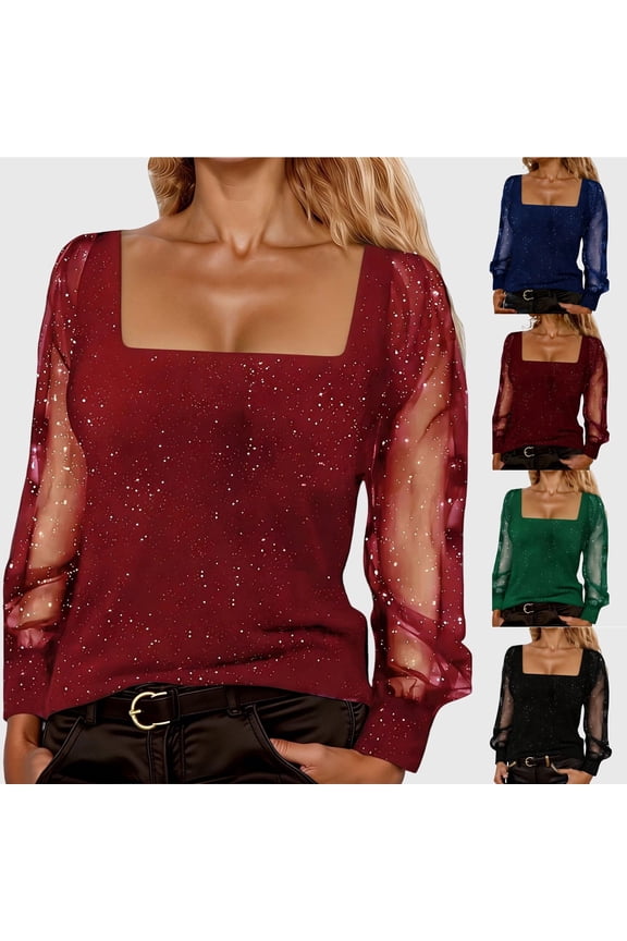 Womens Tops Boho Sparkly Mesh Long Sleeve Top Square Neckline Elegant Glitter T Shirt Blouse For Casual Party Fashion Clothes