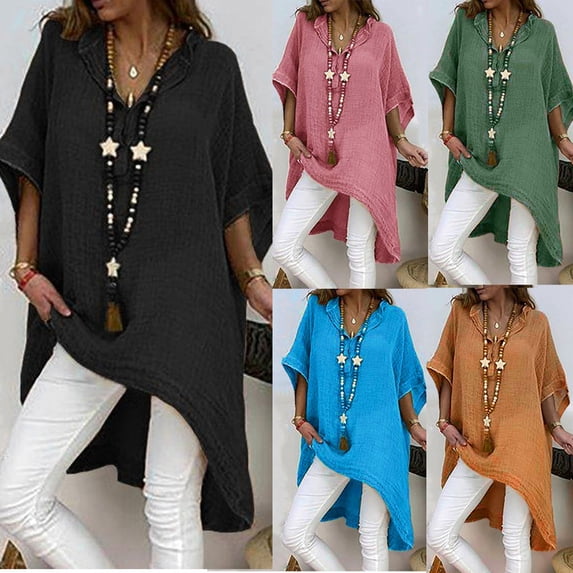 Womens Tops Boho Tunic Cotton Linen Raglan Floral Blouses Dressy Water Resistant Floral Cover Up Casual Blouse Tops 2026, Black,L