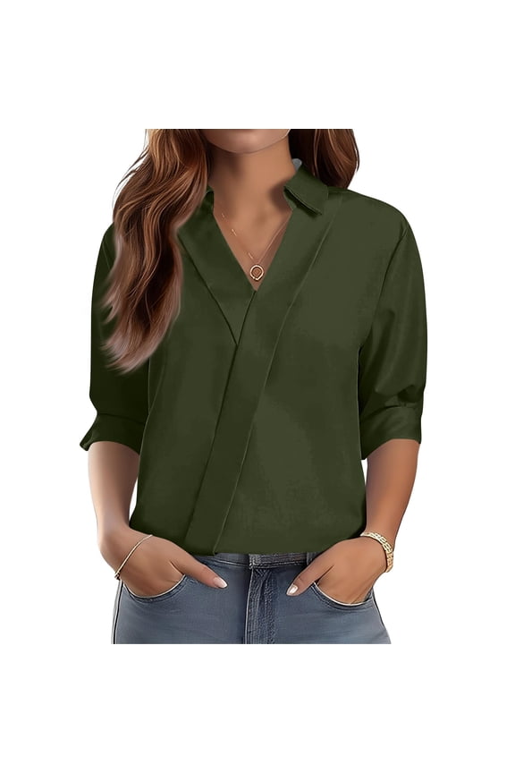 Womens Tops Business Work Blouses Office Shirts Casual 3/4 Sleeve Loose Fit Dressy Shirts for Women V Neck
