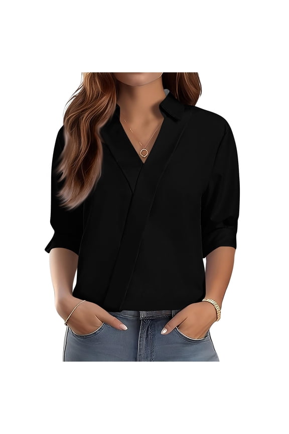 Womens Tops Business Work Blouses Office Shirts Casual 3/4 Sleeve Loose Fit Dressy Shirts for Women V Neck