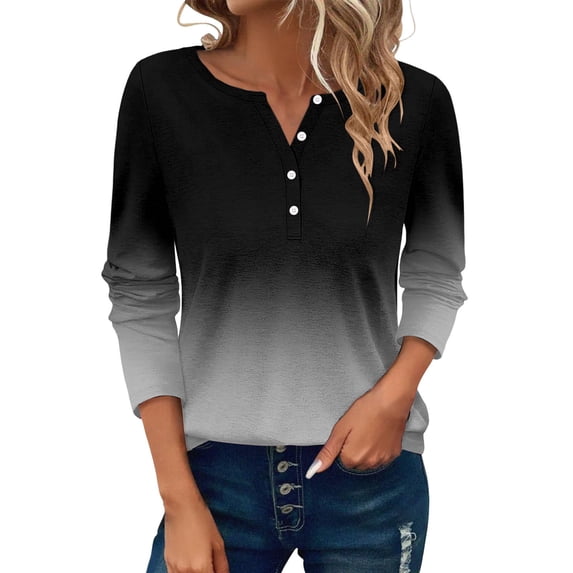 Womens Tops Button Long Sleeve T Shirt Round Neck Casual Tunic Top