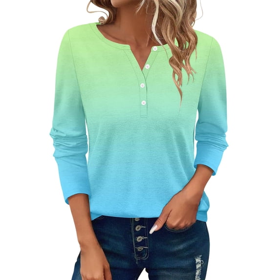 Womens Tops Button Long Sleeve T Shirt Round Neck Casual Tunic Top
