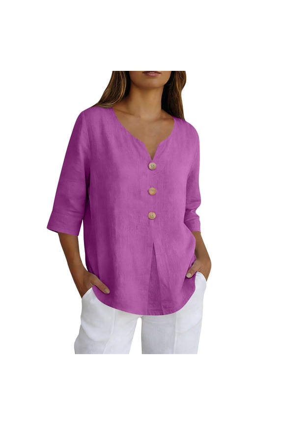 Womens Tops Button Up Shirt Casual Loose Top New Border Solid Color Cotton and Linen Three Quarter Sleeves