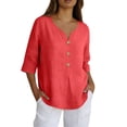 thumbnail image 1 of Womens Tops Button Up Shirt Casual Loose Top New Border Solid Color Cotton and Linen Three Quarter Sleeves, 1 of 8