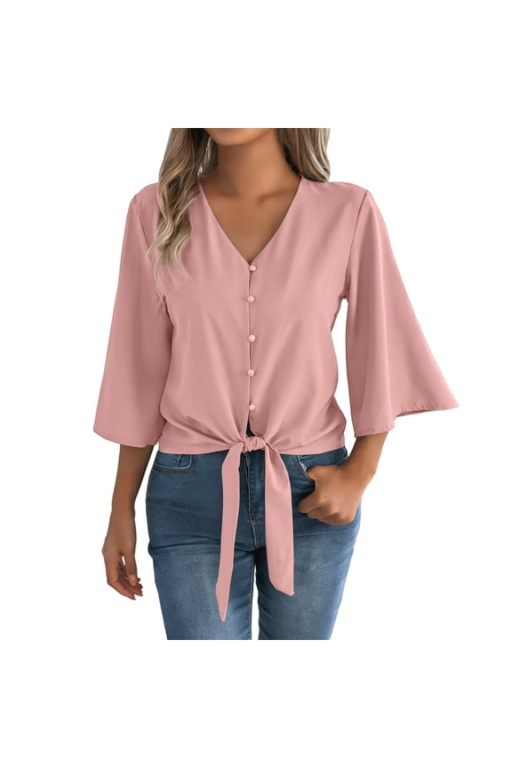 Womens Tops Button V Neck Tops Three Quarter Bell Sleeve Tie Knot Casual Blouses Loose Summer Shirts Fashion