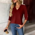 thumbnail image 1 of Womens Tops Buttons Long Sleeve V-neck Solid Color Shirt Wine S, 1 of 2
