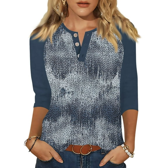 Womens Tops Camo Shirt 3/4 Length Sleeve Button V-Neck T Shirts Loose Three Quarter Casual Dressy Blouses
